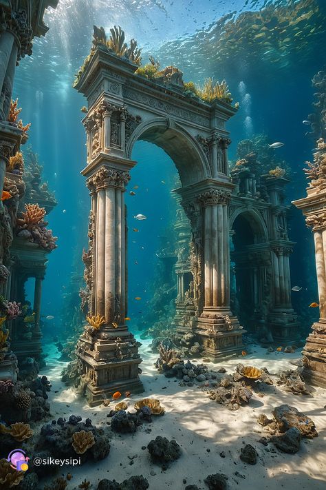 Dive into the mystical underwater world where ancient temples of sea gods reside. Created by Stable Diffusion, this image merges architectural majesty with oceanic serenity, offering a glimpse into a submerged realm of mythology. #UnderwaterRuins #MythicalArchitecture #AIImagery Fortaleza, Ruins, Underwater Ruins Fantasy Art, Magical Underwater World, Underwater Cathedral, Dnd Underwater, Atlantis Ruins, Underwater Temple, Skyrim Concept Art