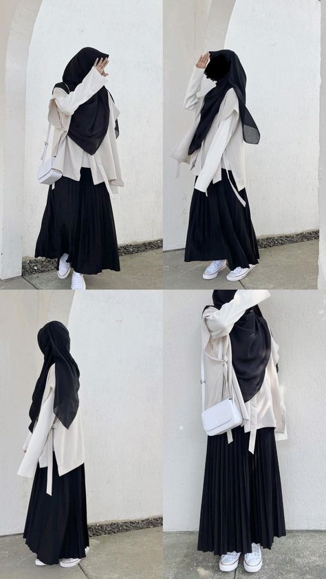 Source : naneuknia Black And White Hijabi Outfits, Black And White Outfits Hijab, Modest Aesthetic, White Hijab, Outfit Black And White, Muslimah Fashion Casual, Modest Girly Outfits, Stylish Outfits Casual, Style Tutorial