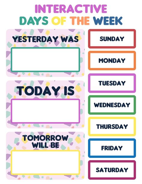 Printable Interactive Days Of The Week Chart Classroom Interactive Days Of The Week Chart, Today Is Printable Preschool, Kindergarten Chart Ideas, Day Of Week Printable, Learning Days Of The Week Free Printable, Days Of The Week Learning, Day Chart Preschool, How To Teach Days Of The Week Preschool, Today Is Chart Preschool