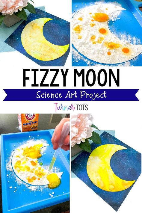 Art Theme For Preschool, Fizzy Moon Craft, Moon Craft For Preschool, Moon And Star Activities For Preschool, Moon Preschool Art, Moon Craft Kindergarten, Space Art Crafts For Preschool, Science Art For Preschoolers, Cresent Crafts For Preschool