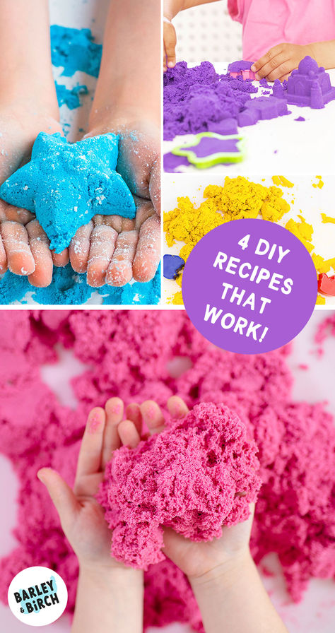 Our DIY moon sand molded into different shapes for a kids summer sensory play activity Diy Sensory Sand, Moon Sand Diy, Sand Diy Crafts, Edible Kinetic Sand Recipe, Diy Kinetic Sand Recipes, Magic Sand Recipe, Edible Kinetic Sand, Sensory Interventions, Sand Play Ideas