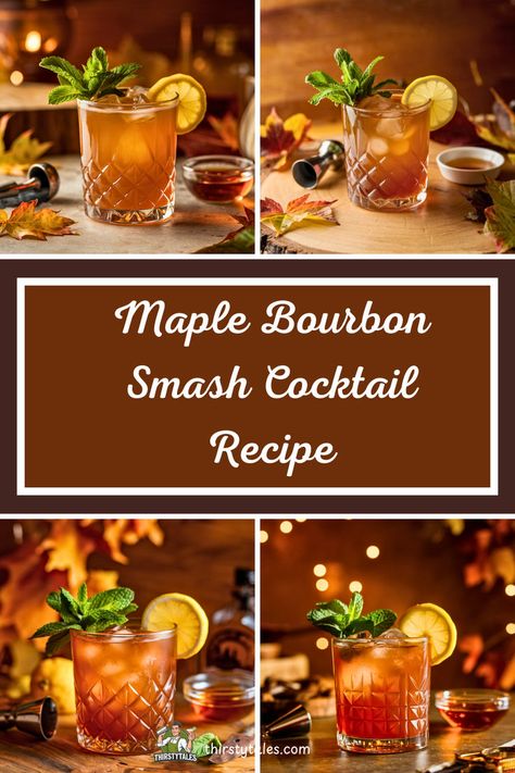 Whisky Smash Cocktails, Fall Bourbon Smash, Maple Bourbon Smash Cocktail, Bourbon Large Batch Drinks, Maple Bourbon Smash, Bourbon Smash Cocktail Recipes, Thanksgiving Cocktail Recipes Vodka, Maple Bourbon Cocktail, Bourbon Smash Cocktail