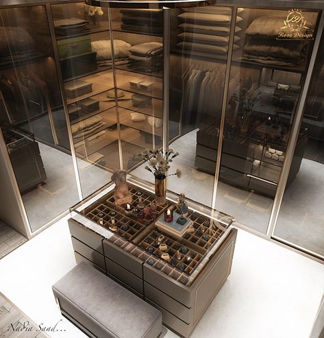 Dressing Room Island Design, Dressing Room Mechanism, Luxury Closet Designs Dressing Rooms, Master Room Closet, Dressing Luxe, Dressing Room Island, Walk In Closet Island, Luggage Closet, Dressing Island