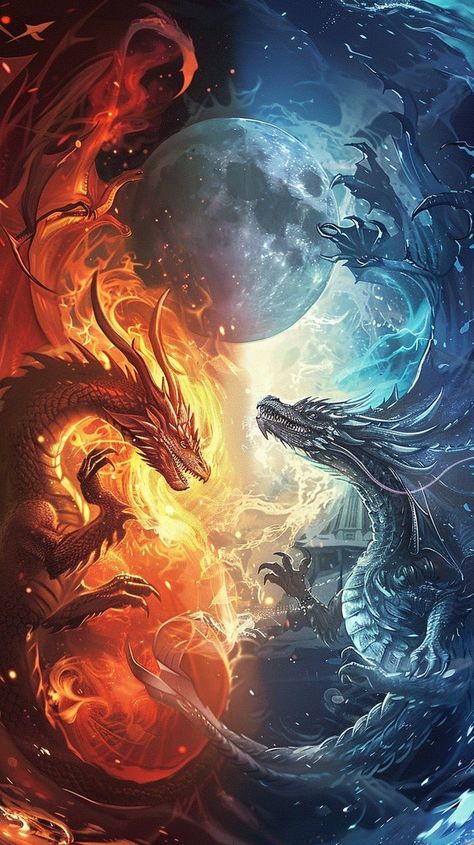 Fire dragon surrounded by flames, ice dragon surrounded by frost, warm colors for fire, cool colors for ice, dragons in dynamic poses, sun and moon in the background, Earth between them, style of a novel cover Dynamic Dragon Poses, Moon And Sun Art, Fire And Ice Dragons, Fire Drawings, Frost Dragon, Neat Drawings, Sun Dragon, Dragon Flame, Moon Dragon