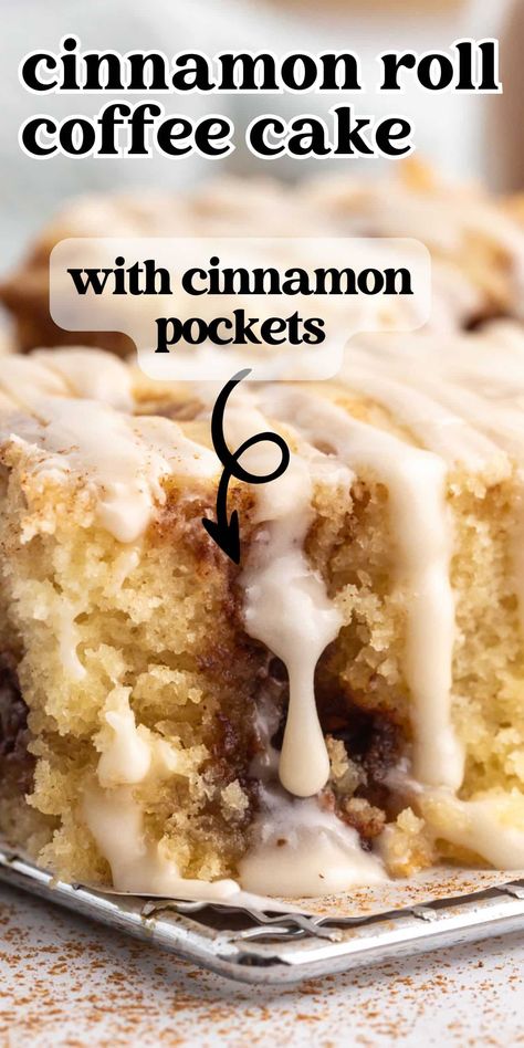 Make an easy coffee cake for breakfast that tastes just like a soft sweet roll! This Cinnamon Roll Coffee Cake has a cinnamon sugar swirl and is topped with cream glaze. Cinnamon Dessert Recipes, Cinnamon Roll Coffee Cake, Cinnamon Roll Coffee, Cinnamon Swirl Coffee Cake, Easy Coffee Cake, Cinnamon Swirl Cake, Cinnamon Desserts, Breakfast Cake Recipes, Breakfast Coffee Cake