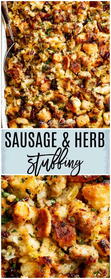 Sausage And Herb Stuffing, Sausage Stuffing Recipe, Thanksgiving Food Sides, Stuffing Recipes For Thanksgiving, Sausage Stuffing, Herb Stuffing, Thanksgiving Dinner Recipes, Cafe Delites, Thanksgiving Cooking