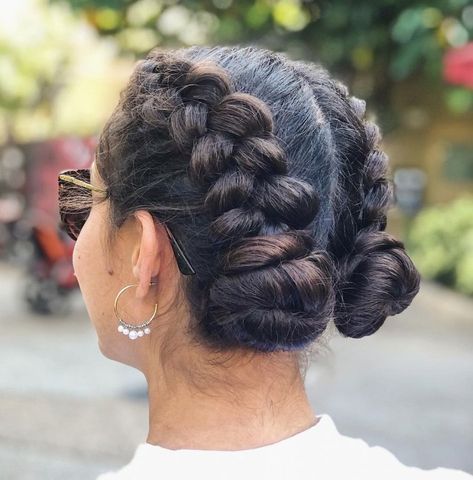 Double Dutch Braids into Buns Wedding Hairstyles Dutch Braid, Double Dutch Braid Updo, Double Hair Braids, Two French Braids With Buns At End, Best Gymnastics Hairstyles, Braids In To A Bun, Two Braids Updo, Dutch Braid Hairstyles For Softball, French Braids To Buns