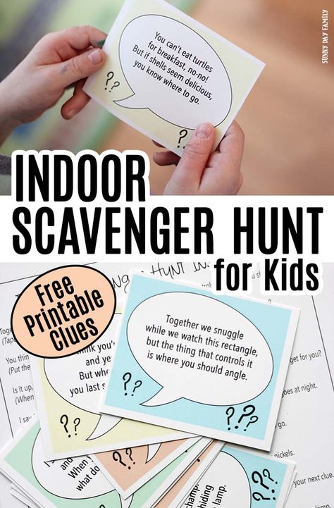 Follow the clues to find a fun surprise with this FREE printable indoor scavenger hunt for kids! Includes 10 clues and 2 blank cards to customize your own. Perfect rainy day activity for kids, playdate activity, or fun for a kids birthday party idea! Super cute free printables for kids! #scavengerhunt #forkids #freeprintables #kids Printables Organizational, Indoor Scavenger Hunt For Kids, البحث عن الكنز, Playdate Activities, Indoor Scavenger Hunt, Scavenger Hunt Riddles, Rainy Day Activities For Kids, Rainy Day Activity, Indoor Birthday