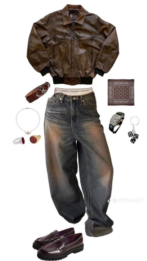 inspo Masc Inspo Outfits, Brown Outfit Aesthetic Men, Vintage Leather Jacket Outfit Men, Vintage Fits Men, Brown Color Combinations Outfits, Outfit Ideas Masc, Brown Streetwear Outfit, Brown Jacket Outfit Men, Hobo Clothes