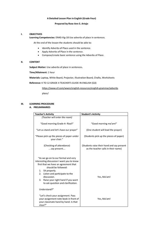 Detailed Lesson PLAN FOR Elementary - A Detailed Lesson Plan in English (Grade Four) Prepared by - StuDocu Weekly Plan Template, Toddler Lesson Plans Template, Elementary Lesson Plan Template, Phonics Lesson Plans, Preschool Lesson Plan Template, Lesson Plan Pdf, Weekly Lesson Plan Template, Lesson Plan Sample, Library Lesson Plans