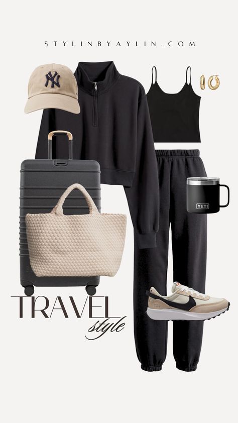 All Black Travel Outfit Airport Style, Lounge Wear Work Outfits, Casual Winter To Spring Outfits, Comfortable Traveling Outfits, Cozy Travel Outfit Airport Style, Cute Comfortable Travel Outfits, Comfy Casual Outfits Spring, Cute Travel Outfits Spring, Comfy Chic Aesthetic