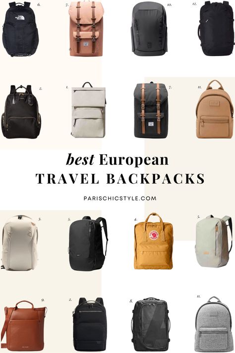 Best European travel backpack Everlane, Bellroy, Peak Design, Tumi, Nomatic, Herschel Supply Co., Fjallraven, Cole Haan, Pacsafe, The North Face, Dagne Dover Dakota, Away Travel F.A.R Convertible Backpack stylish digital nomad backpack for Europe. Paris Chic Style. Fashionable backpack that opens like a suitcase, Water resistant backpack.  #besteuropeantravelpackpack #parisbackpack #digitalnomadbackpack Digital Nomad Backpack for Paris #fashion #travel #paris #nomadbackpack #bellroybackpack Paris Backpack Style, Everlane Backpack Woman, Travel Bagpack For Women, Cute Travel Backpacks For Women, Best Backpack For Europe Travel, Backpacks For Traveling, Backpack For Europe Travel, Traveling Backpack For Women, Travel Aesthetic Backpack