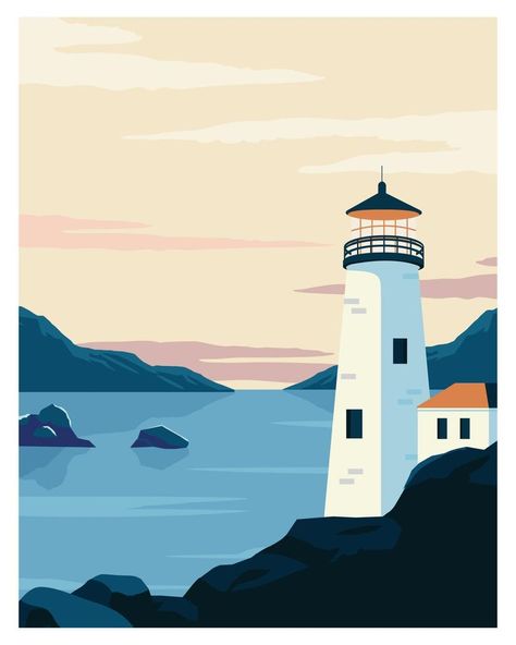 Lighthouse in ocean. Landscape background Vector illustration of mountains and lighthouse. Ocean Vector Art, Light House Images, Lighthouse Graphic Design, Illustration Styles Inspiration, House Illustration Design, Skylight Home, Living Room Skylight, Lighthouse Mural, Vector Art Landscape