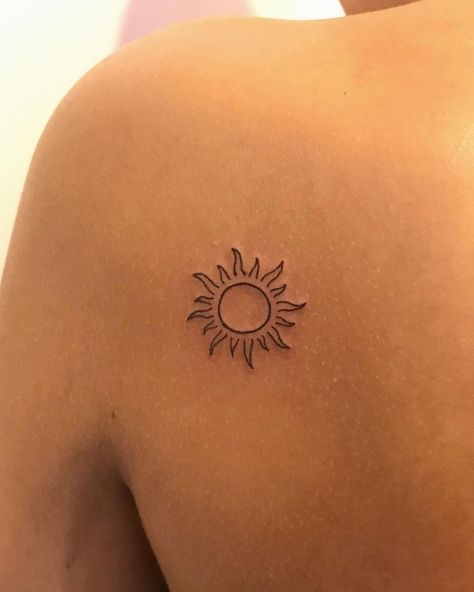 Sun Tattoo Small Back Of Neck, Sun Tattoo Inspiration, Sun Energy Tattoo, Filled Tattoo Ideas, You’re The Sun To Me Tattoo, Sun And Heart Tattoo, You Are The Sun Tattoo, It Girl Tattoo, Small Sun Tattoo Ideas