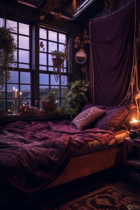 Witchy Bedroom Ideas, Romantic Bedroom Design, Witchy Bedroom, Goth Bedroom, Gothic Bedroom, Purple Bedrooms, Bedroom Ambiance, Purple Bedroom, Dark Bedroom