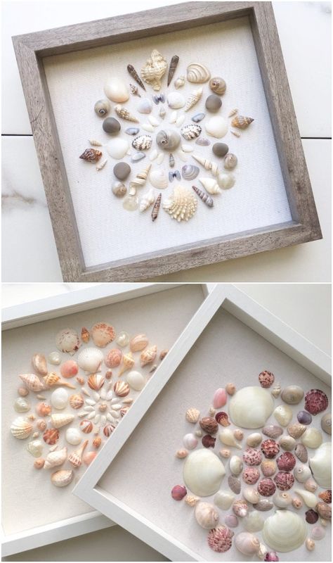 Framed Shell Art Templat Kotak, Seashell Art Diy, Dekorasi Bohemia, Beach Decorations, Art Coquillage, Seashell Projects, Shells Diy, Shell Crafts Diy, Sea Crafts