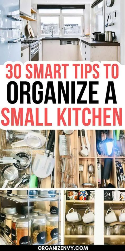 You CAN organize a small kitchen! Here are 30 brilliant ideas for small kitchen storage, including tips to organize kitchen drawers, maximize space in kitchen cabinets, add storage space to a small kitchen and more. Organisation, Organize Small Kitchen, Storage Ideas For Small Rooms, Small Apartment Kitchen Storage Ideas, Organize A Small Kitchen, Bedroom Organization Hacks, Små Rum Lidt Plads, Kitchen Cupboard Organization, Kitchen Cabinet Organization Ideas