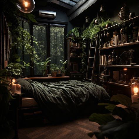 Dark Room Aesthetics, Dark Decoration Home Decor, Dark Room Bedroom, Dark Fantasy Room Decor, Dark Fantasy Bedroom Aesthetic, Dark Room With Plants, Bedroom Inspirations Dark Academia, Dark Cozy Apartment Aesthetic, Dark Gothic Interior Design