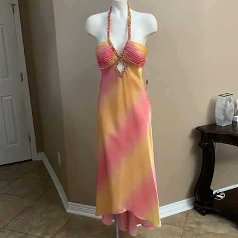 This Dress Reminds Me Of Candy! So Pretty And With Beautiful Beading. Brand Is Rene Moiselle. Bust 16, Waist 13, Hips 21. Longer In Back. Beach Hoco Dress, 2000s Fashion Dress, Izzy Core, 2000 Dresses, 2000s Prom Dress, Brazil Dress, Y2k Stuff, 2000s Dress, Sunset Dress