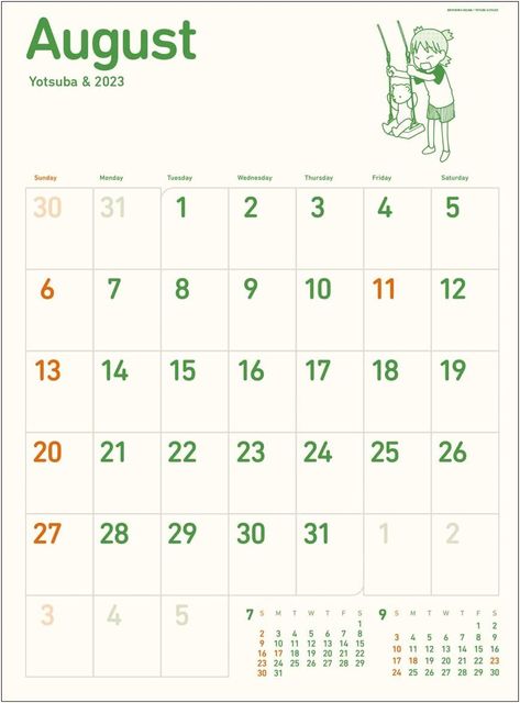 https://japanese-creative-books.com/product/manga/yotsubato-2023-calendar/ Cute August Calendar 2023, Monthly Goals Aesthetic, Yotsuba Calendar 2023, Calander Design Creative, August Calendar Aesthetic, Yotsuba Calendar, 2023 Anime Calendar, Monthly Calendar Aesthetic, August Calendar 2023 Aesthetic