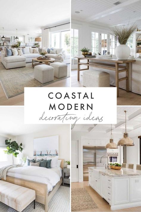 Beautiful modern coastal decorating ideas to bring a touch of fresh, elevated coastal style to your living room, kitchen, bedroom, and home for 2024 - coastal modern living room - modern coastal interior design - coastal decor ideas Modern Coastal Living Room Ideas, Modern Decorating Ideas, Modern Coastal Interior, Coastal Decorating Ideas, Modern Coastal Living Room, Coastal Interior Design, Modern Decorating, Modern Coastal Decor, Beach House Living Room