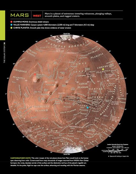 Map of Mars, western hemisphere. Credit: National Geographic Mars Settlement, Mars Pictures, Ecology Projects, Mars Surface, Mars Planet, Mars Exploration, Traveller Rpg, Nasa Images, Poster Fonts