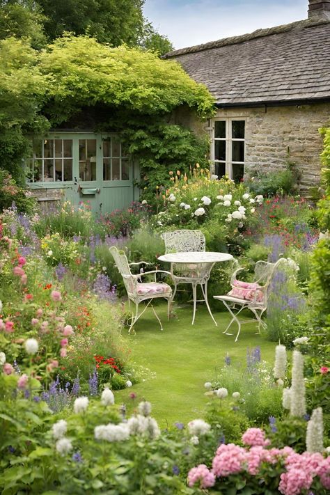 An English Cottage Garden is a charming and picturesque style of gardening that reflects the quaint beauty of rural England. It’s a delightful blend of informal design, colorful blooms, and abundant plantings that evoke a sense of nostalgia and romance.  Design layout, flowers, design, ideas, plants, front yard, lay out, patio, small, shed, border, fence. Back Garden Aesthetic, Garden English Style, Cottage English Garden, Designing A Cottage Garden, Flower Front Garden, Front Flower Garden Ideas, English Cottage Garden Patio, Cottage Garden Small Space, Beautiful Cottage Gardens