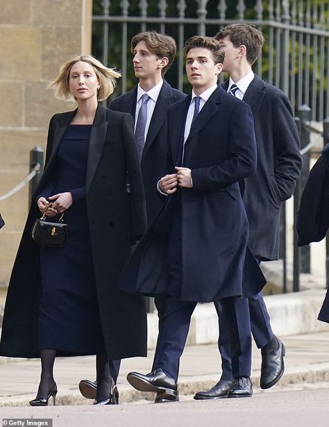 Europe's royals remember King Constantine: Queen Letizia of Spain, her disgraced father-in-law King Juan Carlos and Danish Princess rally around the Greek royal family at memorial in Windsor | Daily Mail Online Royal Family Outfits, Princess Olympia, Princess Olympia Of Greece, Olympia Of Greece, Navy Tights, Royal Families Of Europe, Greek Royal Family, Today Pictures, Spanish Royal Family