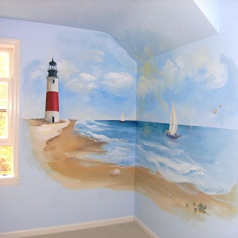 Lighthouse Mural inspiration Lighthouse Nursery, Lighthouse Decorations, Nautical Mural, Beach Murals, Nautical Interior Design, Boating Pictures, Strand Decor, Childrens Wall Murals, Nautical Interior