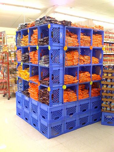 Milk crates as shelves at the Jubilee | Ryan Thompson | Flickr Crates As Shelves, Milk Crate Bench, Easy Closet Storage, Milk Crates Diy, Milk Crate Furniture, Crate Stools, Milk Crate Storage, Plastic Milk Crates, Crate Bench