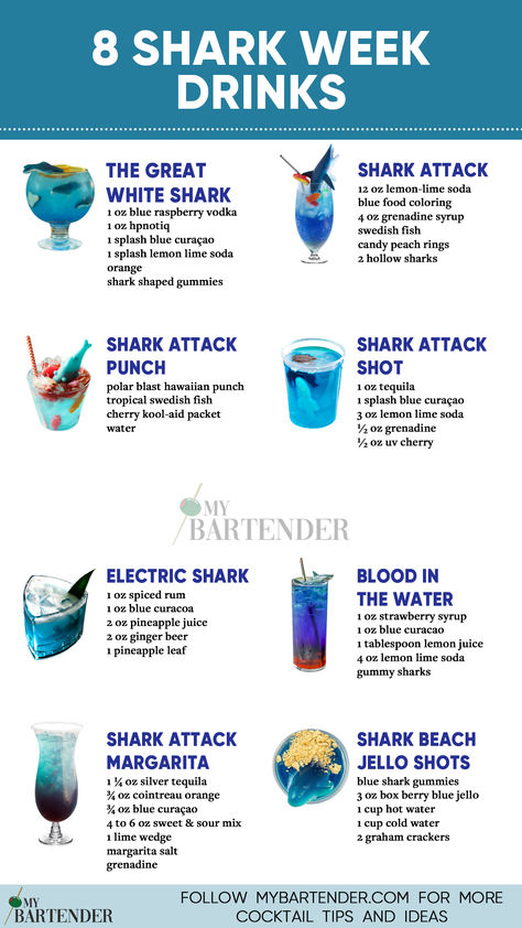 Shark Week Drinks Shark Week Mocktails, Shark Drinks Alcohol, Ocean Themed Alcoholic Drinks, Under The Sea Alcoholic Drinks, Ocean Drinks Alcohol, Shark Week Drinks Alcohol, Shark Themed Drinks, Shark Themed Cocktails, Shark Week Breakfast Ideas