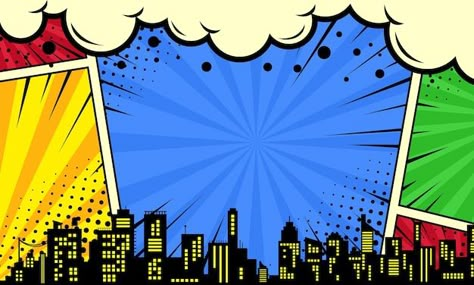 Colorful comic scene background with cit... | Premium Vector #Freepik #vector #comic-layout #retro-comics #comic-city #comic-background Super Hero Background Superhero Backdrop, Superman Background For Tarpaulin, Comic Background Landscape, Comic Book Background Art, Comics Background Template, Marvel Comic Background, Spiderman City Background, Comic Background Aesthetic, Comics Template