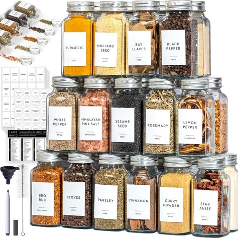 PRICES MAY VARY. ✅ HEALTHY CHOICE: LARAMAID glass jar set is made of high-quality glass with plastic sift & pour shakers. Laramaid lids can effectively isolate moisture and keep the ingredients dry and fresh. No need to worry about spices, herbs and ingredients going bad! ✅ ECO-FRIENDLY PRODUCT: The sift & pour shaker is 100% BPA-free. The glass jars are microwave and dishwasher safe. All parts of our jars and packaging can be recycled! ✅ MINIMALIST DESIGN: Laramaid contemporary style jar & labe Organisation, Clear Pantry Labels, Turmeric And Pepper, Pantry Jars, Storing Spices, Spice Jar Set, Spice Jar Labels, Glass Spice Jars, Spice Labels