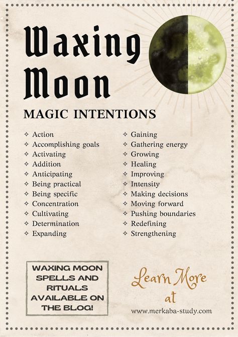 Waxing Moon Magic Intentions for Magick, Rituals and Spells Lunar Witchcraft For Beginners, Waxing Moon Aesthetic, Waxing Moon Magic, Waxing Gibbous Moon Ritual, Waxing Moon Rituals, New Moon Ritual For Beginners, Lunar Witchcraft, Lunar Living, Beginner Witches