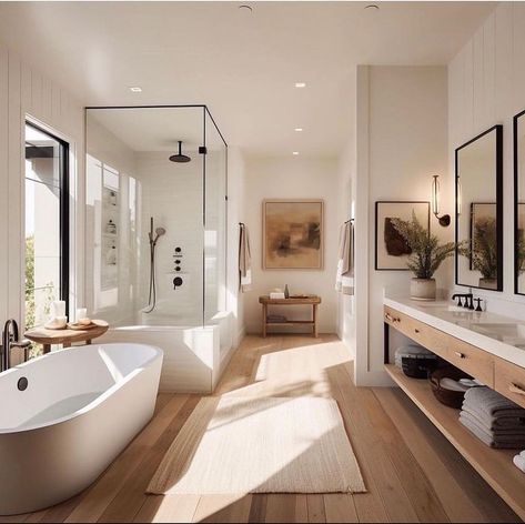 bathroom ideas Transitional Cottage Bathroom, Coquina House Exterior, Master Bath With Hardwood Floors, Beautiful Bathrooms Modern Luxury, House Remodel Inspiration, Bathrooms With Dark Wood Floors, 10x10 Bathroom Layout, Bathroom Seating Area, Resort Style Bathroom