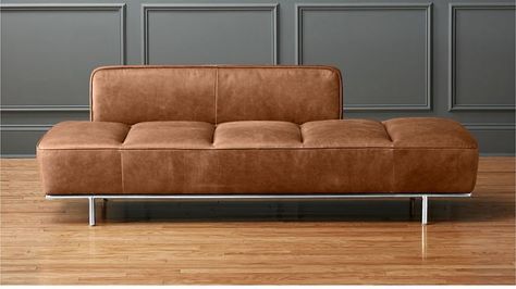 Leather Bench With Back, Leather Daybed Living Room, Cb2 Daybed, Leather Day Bed, Bench Interior, Daybed Bench, Leather Bench Seat, Brown And Blue Living Room, Leather Daybed