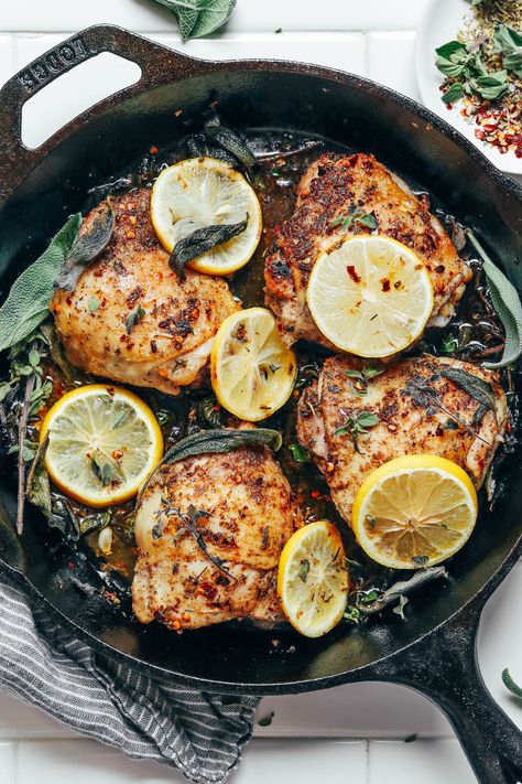 EASY Lemon & Herb Roasted Chicken Thighs! 30 minutes, SO satisfying and elegant! #minimalistbaker #recipe #roasted #chicken #thighs Lemon Sage Chicken, Herb Chicken Thigh Recipes, Lemon Parsley Chicken, Rosemary Lemon Chicken Thighs, Lemon Herb Chicken Thighs, Thyme Chicken Recipes, Cast Iron Meals, Roasted Boneless Chicken Thighs, Herb Roasted Chicken Thighs