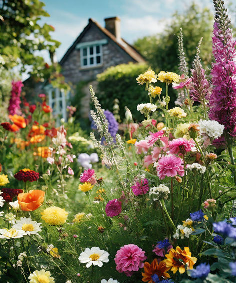 A vibrant cottage garden filled with a variety of colorful flowers in front of a quaint stone house, showcasing the beauty of lush garden blooms. Garden Full Of Flowers Aesthetic, Landscape Design Cottage, Pretty Gardens Aesthetic, Cottage Garden Walkway, Cottage Garden Photos, Cottage With Flower Garden, Beautiful Cottage Gardens, Fairy Garden Vibes, Wildflowers In Garden