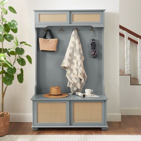 Product Features [Practical 4-in-1 Design]: This classic entryway hall tree offers shoe bench, large storage compartment, coat rack, and open shelves in a beautiful 4-in-1 package. Classic Entryway, Hall Tree Entryway, Tree Entryway, Rattan Door, Hall Tree Bench, Entryway Hall Tree, Hall Tree With Storage, Entryway Hall, Coat Rack Hooks