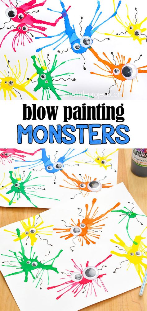 Monster Blow Painting with Straws | Blow Paint Monsters Craft Preschool Crafts Painting, Art Activities For Year 2, Imagination Art Preschool, Painting Halloween Crafts, 2nd And 3rd Grade Arts And Crafts, Monster Blow Painting, Blow Paint Monsters, Preschool Classroom Crafts, Kid Craft Ideas Easy