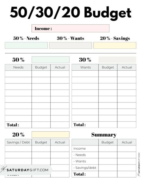 50/30/20 Rule Budget Planner Template - Free Printable in Pastel Colors | SaturdayGift Organisation, Budget Planner Journal, Apartment Budget Template, Budget Finances Printables, Goodnotes Financial Planner Free, Free Pdf Budget Template, Monthly Budget Planner Printable, 20 30 50 Rule, 50/30/20 Budget Planner