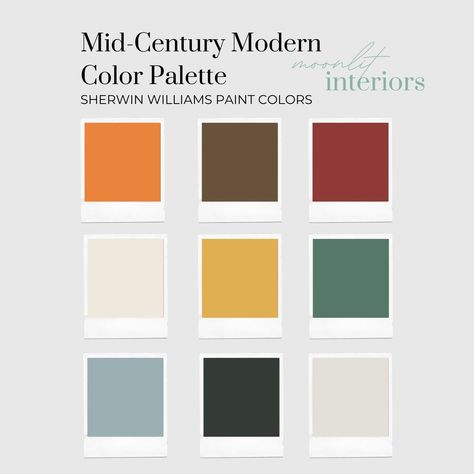 Mid-Century Modern Interior Design Style Pre-Selected Paint Color Palette - Sherwin Williams Paint Colors — Moonlit Interiors Midcentury Modern Color Palette, Mid Century Modern Paint, Mid Century Modern Paint Colors, Mid Century Modern Color Palette, Interior Paint Palettes, Mid Century Interior Design, Modern Paint Colors, Sherwin Williams Color Palette, Home Paint Color