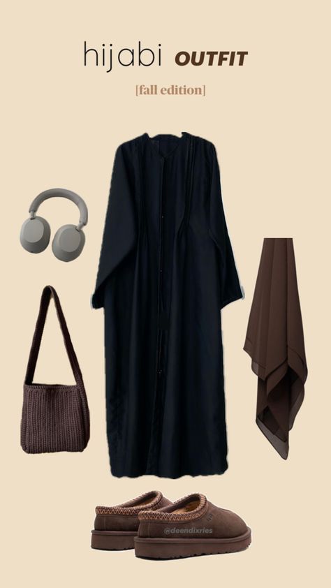 modest black abaya dress brown hijab brown tote bag Ugg shoes Sonny headphones hijab fashion inspiration Fashion Brown Aesthetic, Aesthetic Hijab Outfit Ideas, Abaya Hijab Outfit, Cute Hijabi Outfits, Modest Abaya, Islamic Modest Fashion, Modest Girly Outfits, Stylish Outfits Casual, Abaya Hijab