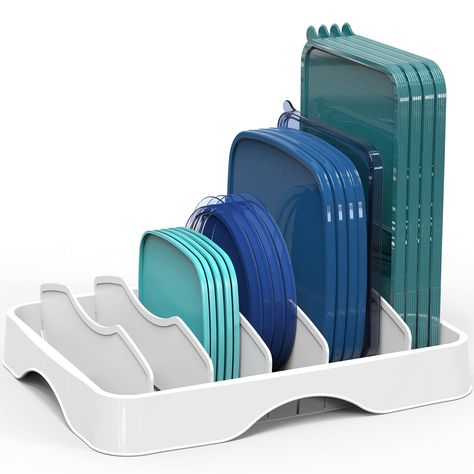 PRICES MAY VARY. Holds different round and square container lids up to 9". 5 adjustable dividers included. Easy to assemble no tools required. BPA-free, easy-to-clean storage. Dimension: 13.25"D x 10.5"W x 3" H SimpleHouseware Food Container Lid Organizer, Adjustable Dividers Lids Storage, 13''x10'', White Organisation, Armoire Design, Pot Organization, Pan Organization, Lid Organizer, Lid Storage, Cleaning Storage, Food Storage Containers Organization, Basket Design