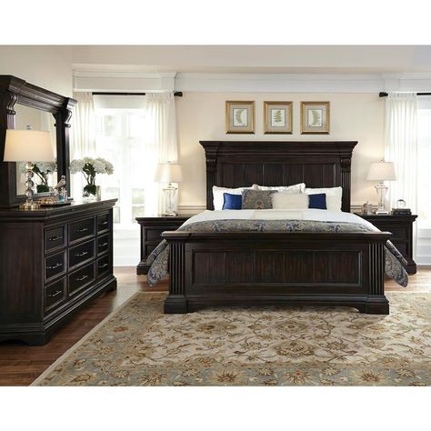 Employing classic styling and architectural elements, the Caldwell bedroom collection brings a sense of substance and heritage to today's homes. The black finish enhances any interior and gentle distressing gives each piece an heirloom quality. Slim uses a secure bolt together construction. The handsome headboard has distinctive crown molding, reeded pilasters, corbels and a plank-effect panel. Package IncludesDescriptionQuantityCaldwell Queen Headboard 1Caldwell Queen Footboard w/ Slats 1Caldwe Pulaski Furniture, Black Bedroom Furniture, Traditional Bedroom Decor, King Bedroom Sets, Bedroom Sets Queen, Bedroom Panel, Queen Bedroom, King Bedroom, Traditional Bedroom