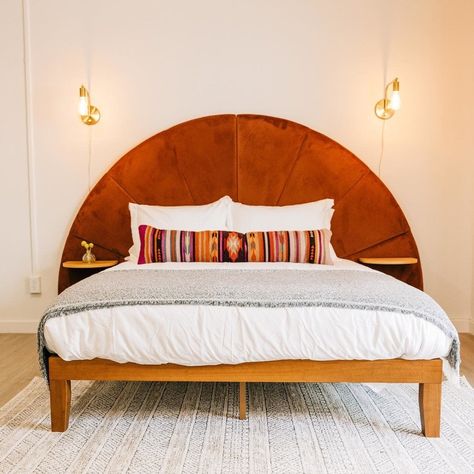 Article Bed Frame, Round Wooden Headboard, Mid Century Bed Frames, Half Circle Headboard Wood, Headboard Mid Century Modern, Mid Century Modern Headboards, Mid Century Modern Beds, Article Headboard, 70s Bed Frame