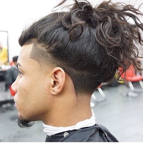 Love it! Tape Up Haircut Men Long Hair, Man Bun With Taper, Taper Fade Curly Hair Men Long, Long Hair With Taper, Long Hair Taper, Mens Long Hair Undercut, Taper Fade Long Hair, Long Hair Fade, Taper Fade Curly Hair