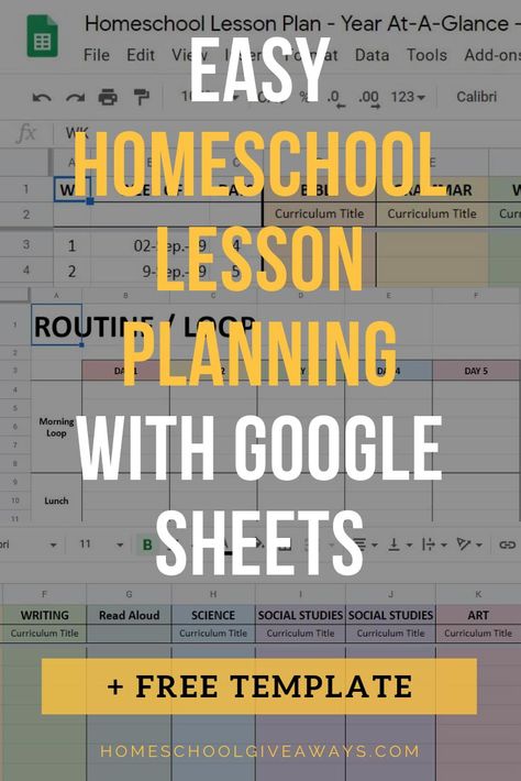 Easy Homeschool Lesson Planning With Google Sheets + FREE Template - Homeschool Giveaways Free Lesson Planner, Lesson Planner Template, Easy Lesson Plans, Homeschool Lesson Planner, Preschool Lesson Plan Template, Lesson Plan Examples, Classroom Diy, Lesson Plan Template Free, Homeschool Lesson Plans