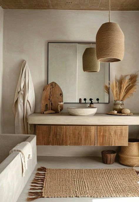 Airbnb Bathroom Ideas, Sandy Bathroom, Bali Bathroom, Bathroom Mediterranean, Sage Interior, Zen Bathroom Design, Bohemian Bathroom Decor, Stile Boho Chic, Bohemian Bathroom