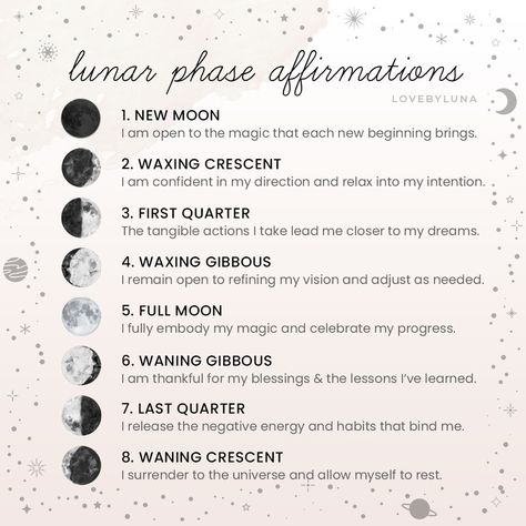 Love By Luna® on Instagram: “LUNAR PHASE AFFIRMATIONS 🌙 each of the lunar phases reflects a special moment in time, and carries a specific energy. tracking the moon’s…” Moon Phase Chart, Women Affirmations, Lunar Witch, Quotes Money, Lunar Moon, Lunar Phases, Positivity Quotes, Manifestation Meditation, Moon Journal